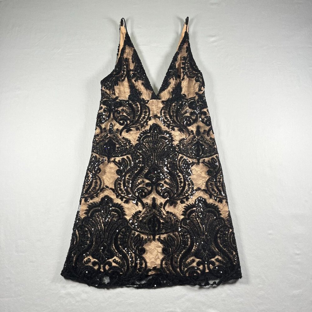 Free People Black Sequin Lace Damask Cocktail Dress Dark Romantic Whimsigoth